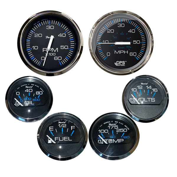 Faria Chesapeake Black w/Stainless Steel Bezel Boxed Set of 6 - Speed, Tach, Fuel Level, Voltmeter, Water Temperature &amp; Oil PSI - Inboard Motors