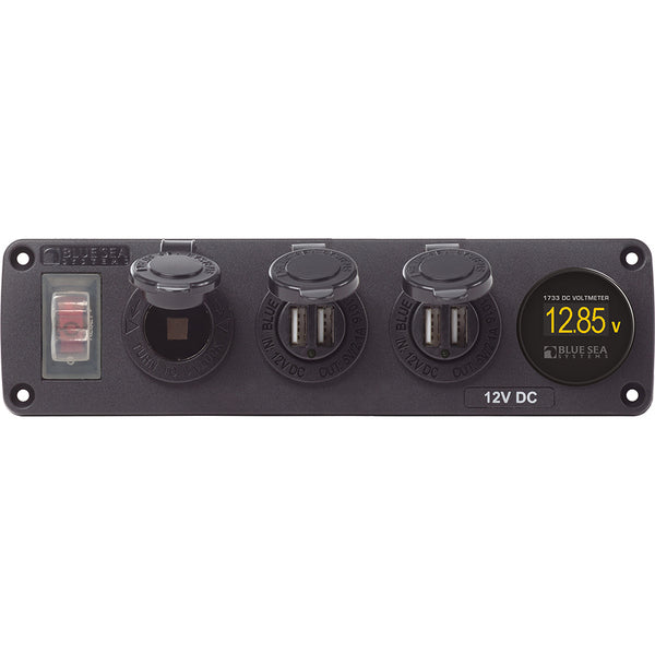 Blue Sea 4368 Water Resistant USB Accessory Panel - 12V Socket, 2x 2.1A Dual USB Chargers, Mini Voltmeter